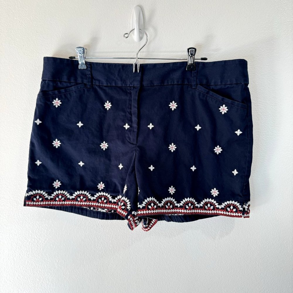 Ann Taylor LOFT 4" Shorts Size 14 Navy Blue Floral Embroidered Mid Rise